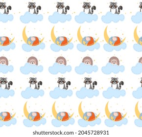 Sleeping seamless pattern. Pictures for printing on bed linen, decoration for childrens room. Cute animals in clouds for posters and banners. Cartoon vector illustration isolated on white background
