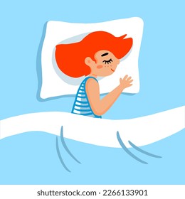 Sleeping serene cartoon girl lying on soft pillow in bed. Healthy daytime sleep. Calm dream, slumber. Vector illustration