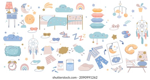 Sleeping set with flat isolated icons of bedroom furniture sleep accessories and pillows with alarm clock vector illustration