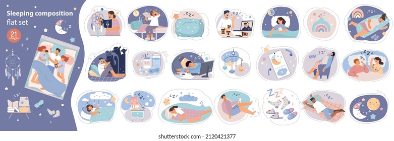 Sleeping set with flat round compositions of people suffering from sleep disorders with bed clothes accessories vector illustration