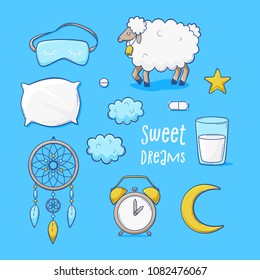 Sleeping set, sweet dreams vector cute elements