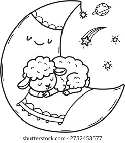 Sleeping sheep coloring book illustration. Vector outline illustration. Cute and cozy lamb black and white coloring page.