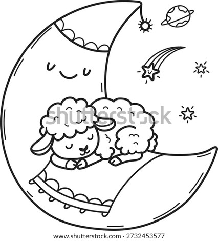 Sleeping sheep coloring book illustration. Vector outline illustration. Cute and cozy lamb black and white coloring page.