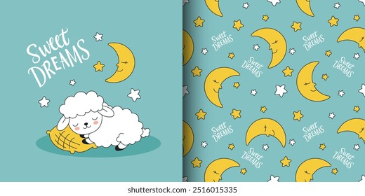 Ovejas durmientes. Concepto de sueño saludable. Cartel de Sweet Dreams o Plantilla de postal con letras de caligrafía dibujadas a mano y lindas ovejas durmientes. Vector textura sin fisuras con la luna y las estrellas para la ropa de cama