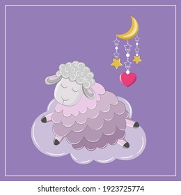 Sleeping сute sheep on the cloud.Isolated  vector cartoon lamb, moon, stars and heart. 