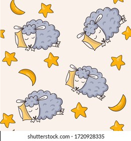 Sleeping sheep on an isolated background. Seamless pattern for children on a white background. Three-dimensional stars, sheep, the moon with a brown outline. Scandinavian style. Vector.