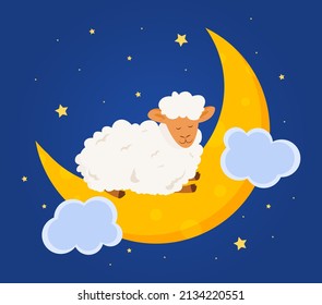 Sleeping sheep on moon. Metaphor of dreams, stars and galaxy. Fantasy and imagination. Posters and banners for children. Kids fashion artworks, rest and relax. Cartoon flat vector illustration