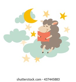 Sleeping sheep with pillow on night sky. Sweet dreams. Cartoon happy lamb, moon, star for baby. Vector illustration on white background. Flat sticker