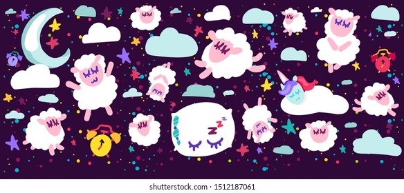 Sleeping sheep vector illustrations set. Bed time positive illustration. Night sky design elements