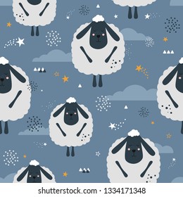 Sleeping sheeps, hand drawn backdrop. Colorful seamless pattern with animals, stars, clouds. Decorative cute wallpaper, good for printing. Overlapping colored background vector. Design illustration