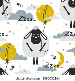 Sleeping sheeps, hand drawn backdrop. Colorful seamless pattern with animals, moon, stars. Decorative cute wallpaper, good for printing. Overlapping colored background vector. Design illustration