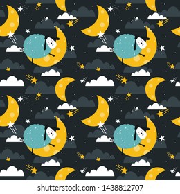 Sleeping sheeps, hand drawn backdrop. Colorful seamless pattern with animals, moon, stars. Decorative cute wallpaper, good for printing. Overlapping colored background vector. Design illustration