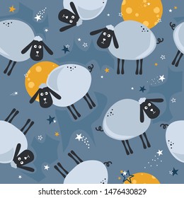 Sleeping sheeps, hand drawn backdrop. Colorful seamless pattern with animals, moon, stars. Decorative cute wallpaper, good for printing. Overlapping colored background vector. Design illustration