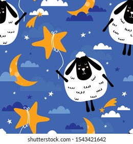 Sleeping sheeps, hand drawn backdrop. Colorful seamless pattern with animals, moon, stars. Decorative cute wallpaper, good for printing. Overlapping colored background vector. Design illustration