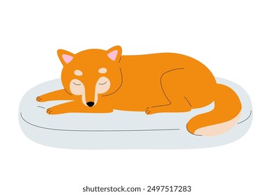 Schlafender Shiba Inu Hund einzeln auf weißem Hintergrund. Japanische Hunde brüten. Happy Hund Illustration. Einfaches, flaches Vektordesign für den Druck.