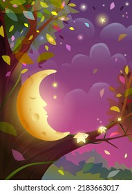 Sleeping shiny golden moon on a big tree, dreamy sunrise nature landscape. Lullaby illustration for kids and children at night. Illustrated vector dreamlike scenery in watercolor style.