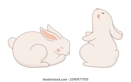 Sleeping and sitting bunny set. Two rabbits, one curled up sleeping and the other sitting upright. Soft minimalistic illustration representing calmness and relaxation.