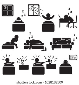 Sleeping and sleep related icon set. People sleeping vector.