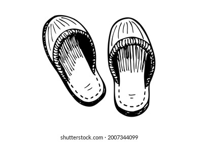 Sleeping slipper couple hand drawn sketch. Home comfortable shoes pair black and white doodle. Bedroom slippers vector isolated eps illustration