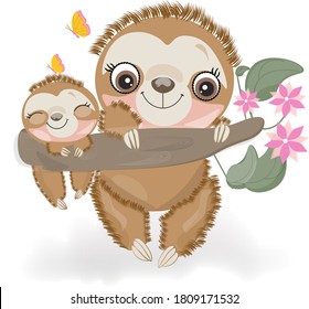 Sleeping sloth with baby on the tree