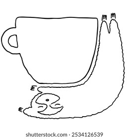 Perezoso durmiente y taza de café doodle ilustración