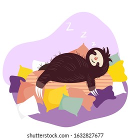 Sleeping sloth, cute animal cartoon character, vector illustration. Funny sloth lying on pillows and cushions, relaxing in comfort. Lazy animal sleeps in cozy bed, tired pet asleep, happy and smiling