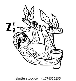 Sleeping sloth nahging on a tree branch with a cup of coffee. Hand drawn, doodle style. Cute funny vector illustration. Black lineart isolated on white background