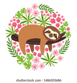 Sleeping sloth on the branch. Vector illustration with frame of leaves, flowers on white background. Greeting card in tropical style.