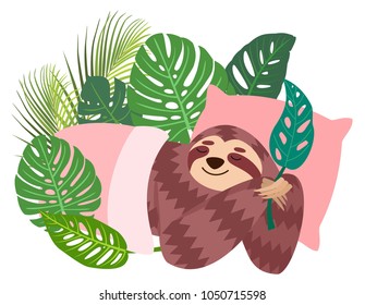 Sleeping sloth. Vector illustration. Tropical leaves.