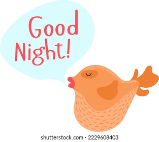 Sleeping small fish, good night inscription, cute pet in full style, design, flat vector illustration, isolated on white.