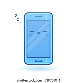 Sleeping smartphone vector icon. Kawaii cheerful mobile. Blue cartoon phone with funny face. Online apps. Modern digital colorful illustration for web