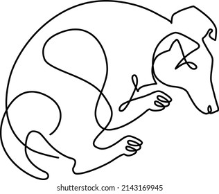 Sleeping smooth-haired fox terrier, humorous illustration. Vector continuous line drawing, isolated on white background.