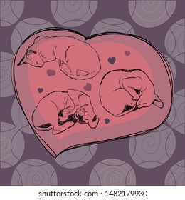 Sleeping sphinx cats on a background of hearts in vector
