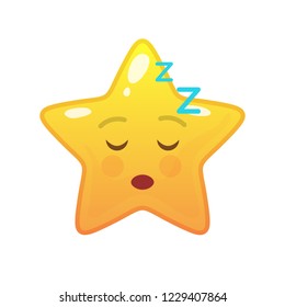 Sleeping star shaped comic emoticon. Dozed face with facial expression. Napping emoji symbol for internet chatting. Funny social communication animated character. Mood message isolated vector element