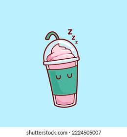 sleeping strawberry smoothies milkshake juice with ice cream topping illustration vector cartoon character