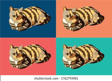 Sleeping Striped Cat With Colorful Background. Pop Art Andy Warhol Stylish.  Pets Home Life. Stylish Comfort Self Isolation. Four Vector Isolation. Cats In Modern Color Palette. 