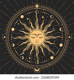 Schlafende Sonne mit geschlossenen Augen, Astrologie-Symbol, Sonne mit dem Gesicht im ornierten Rahmen, Tarot-Magie, Vektorgrafik 