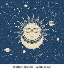 Sol durmiente con ojos cerrados sobre la media luna, astrología, planetas sobre órbitas en el espacio, rostro solar y constelaciones, magia tarot, vector 