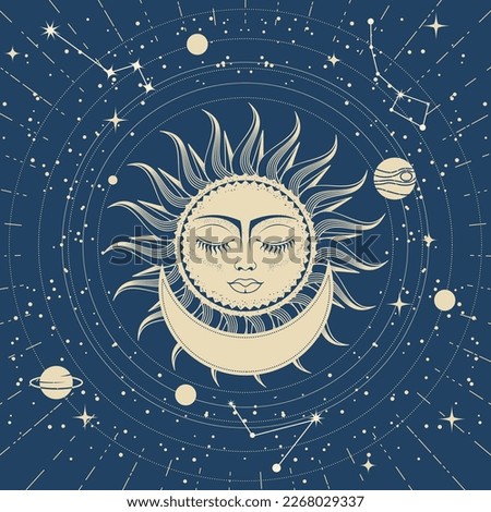 Sleeping sun with closed eyes over crescent, astrology, planets on orbits in space, sun face and constellations, tarot magic, vector 