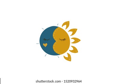 Sleeping sun and moon. Cartoon character. Vector illustration. Night and day.