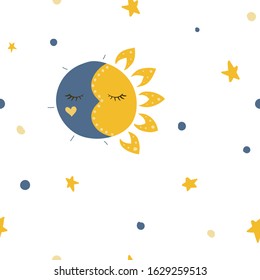 Sleeping sun and moon. Stars in the sky. Vector illustration. Night and day. Seamless pattern background.