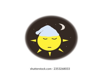 Sleeping sun on night sky with stars and moon cartoon 