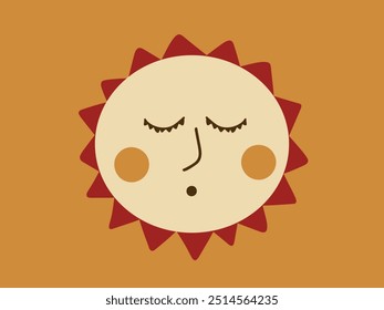 Sleeping sun with red rays. Cartoon character, postcard. Vector illustration