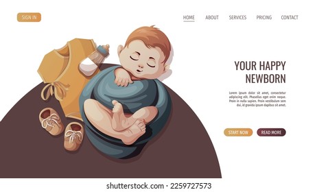 Sleeping swaddled baby boy, bodysuit, shoes and baby bottle. Newborn, Childbirth, Baby care, babyhood, childhood, infancy concept. Vector illustration for poster, banner, website.