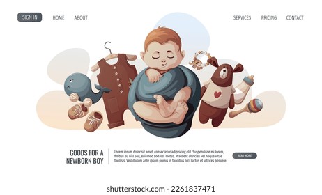 Sleeping swaddled baby boy, romper, shoes, teddy bear and baby bottle. Newborn, Childbirth, Baby care, babyhood, childhood, infancy concept. Vector illustration for poster, banner, website.
