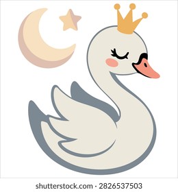 Sleeping swan in crown flat style vector art on white background
