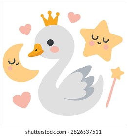 Sleeping swan in crown flat vector graphic on white background