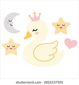 Sleeping swan in crown isolated vector graphic on white background