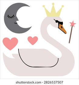 Sleeping swan in crown vector cartoon artwork on white background