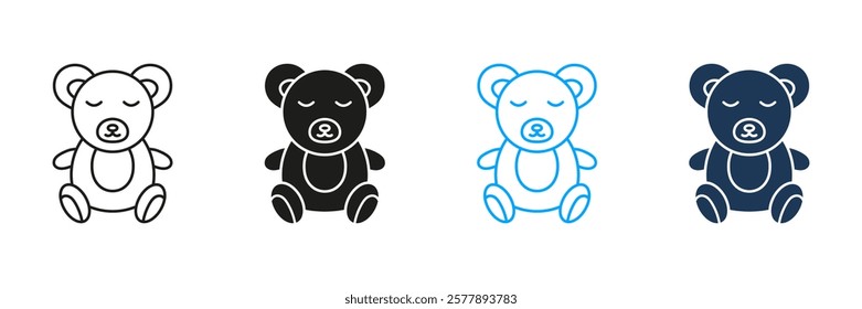 Sleeping Teddy Bear Line and Silhouette Icon Set. Childhood Comfort and Bedtime Toy Symbol. Cozy Plush Toy for Bedtime Rest. Editable Stroke. Isolated Vector Illustration.